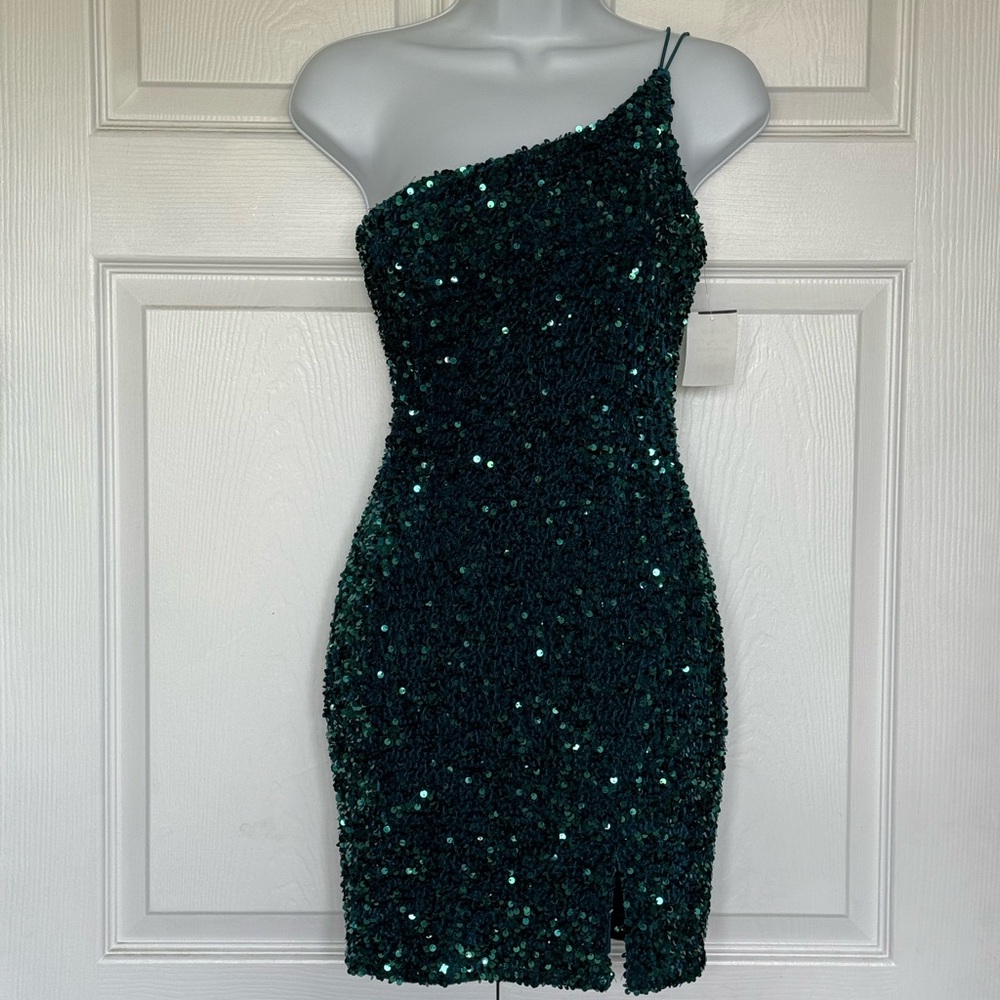 Peacock / teal Sequin One-Shoulder Dress